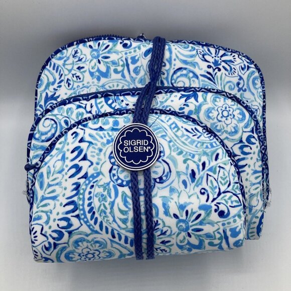 Sigred Olsen Cosmetic Makeup Bag Blue 3 Piece Set Travel Clutch NEW - Picture 1 of 6